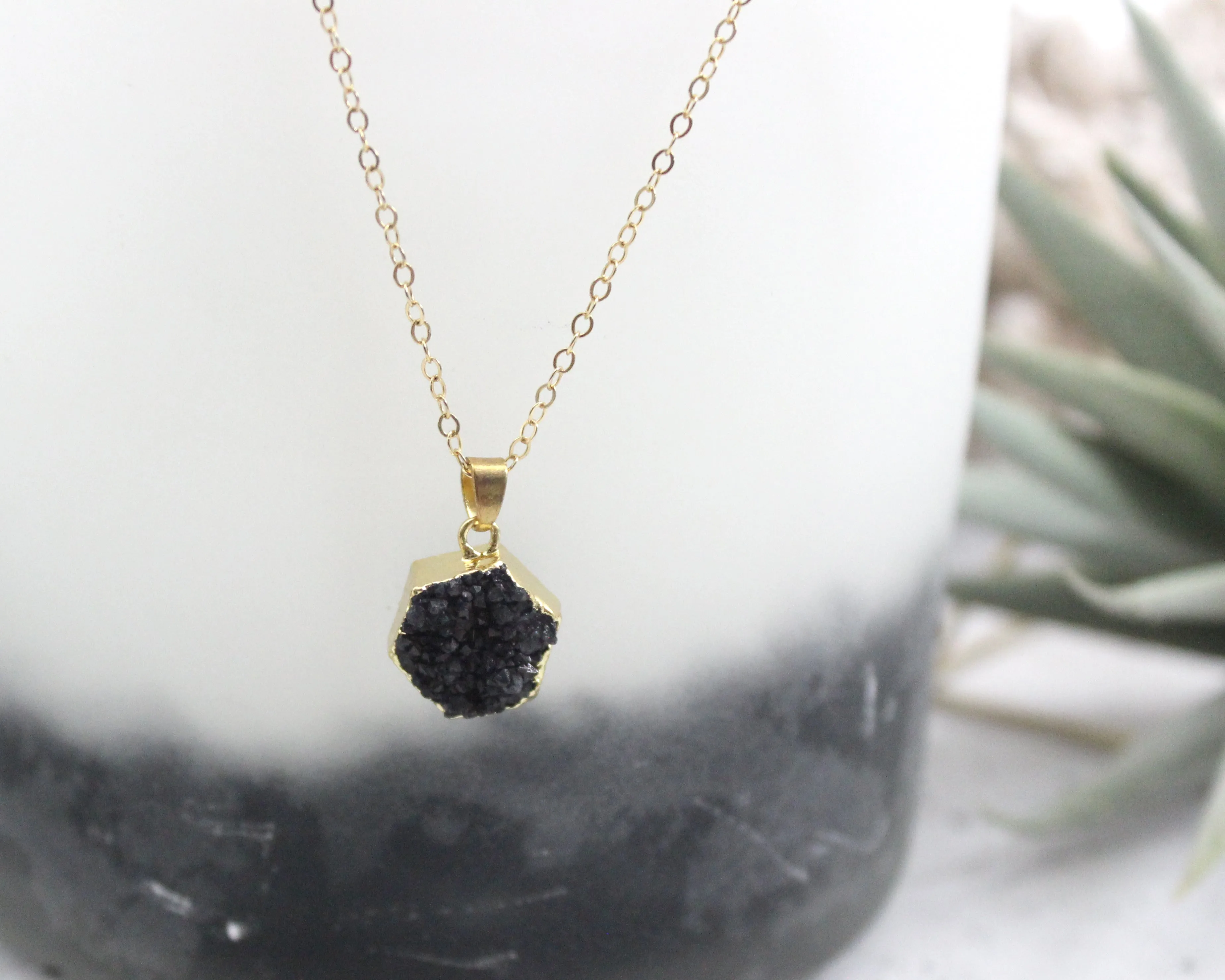 Live Simply // Hexagon Black Druzy Necklace, 24k Gold Plated, Natural Stone // BH-N005