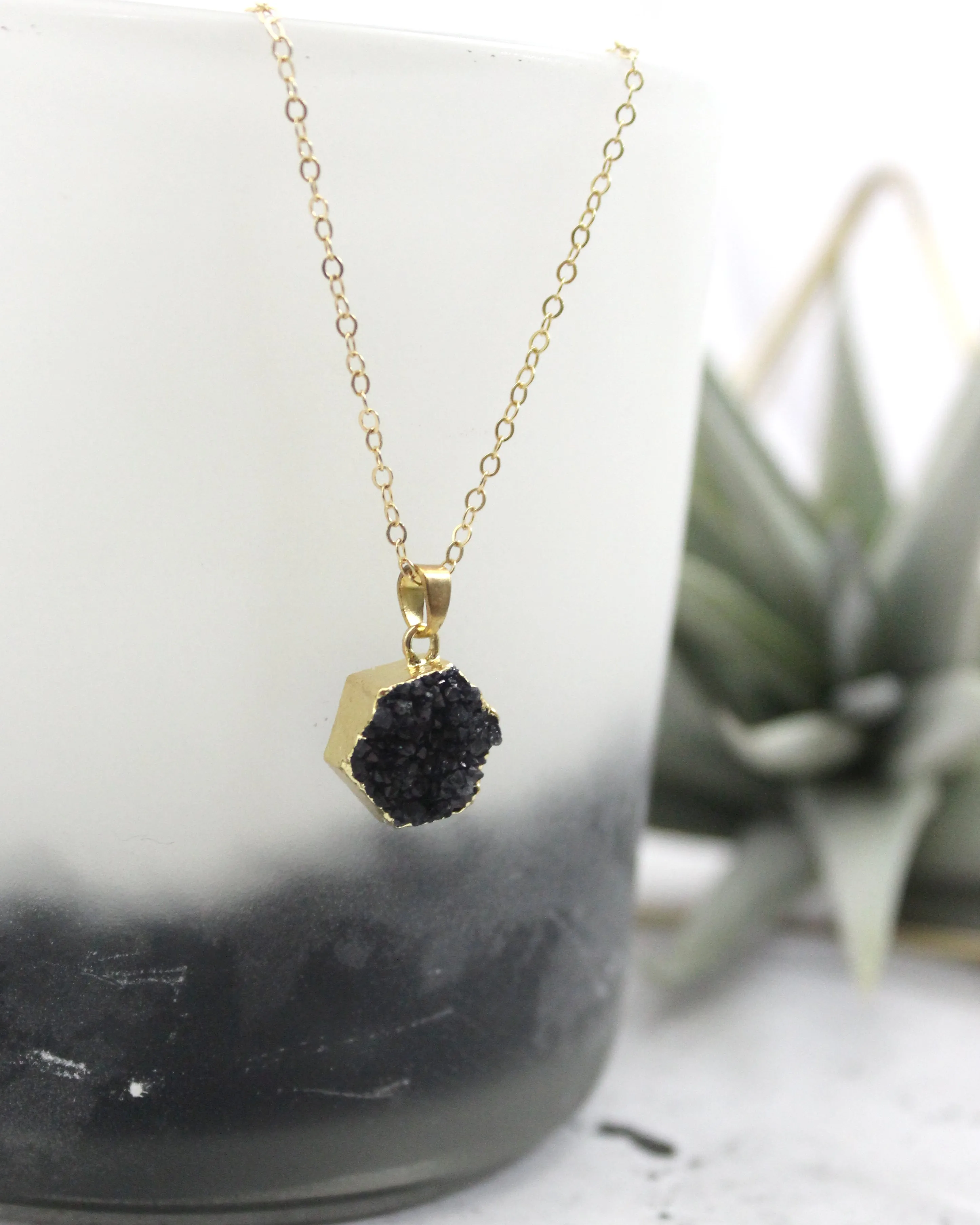 Live Simply // Hexagon Black Druzy Necklace, 24k Gold Plated, Natural Stone // BH-N005