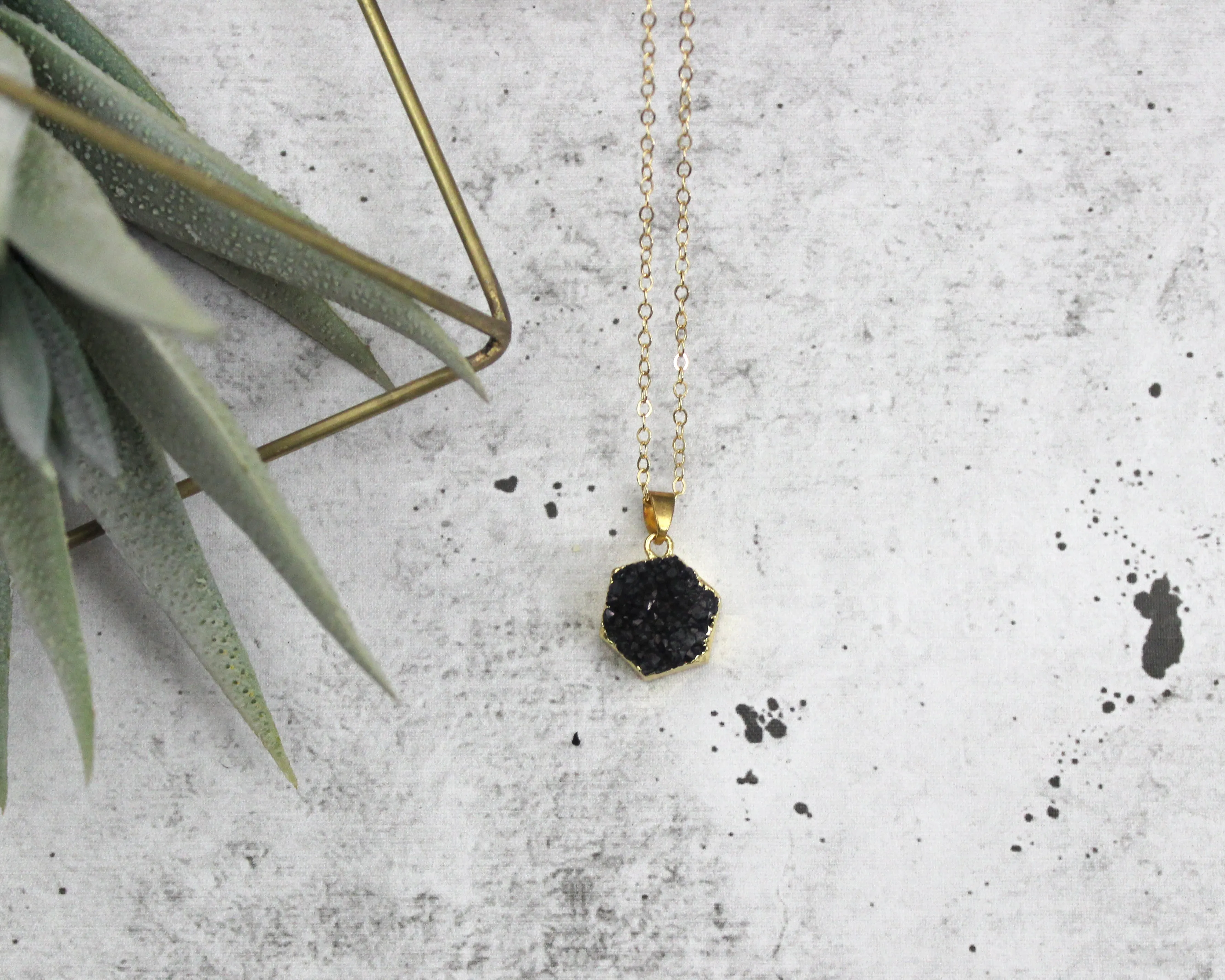 Live Simply // Hexagon Black Druzy Necklace, 24k Gold Plated, Natural Stone // BH-N005