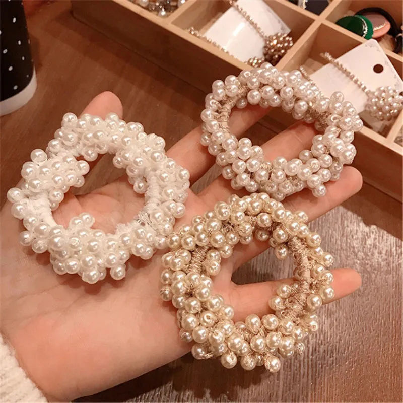 Lustrous Elastic Pearl Cluster Scrunchy Ponytail Hair Ties