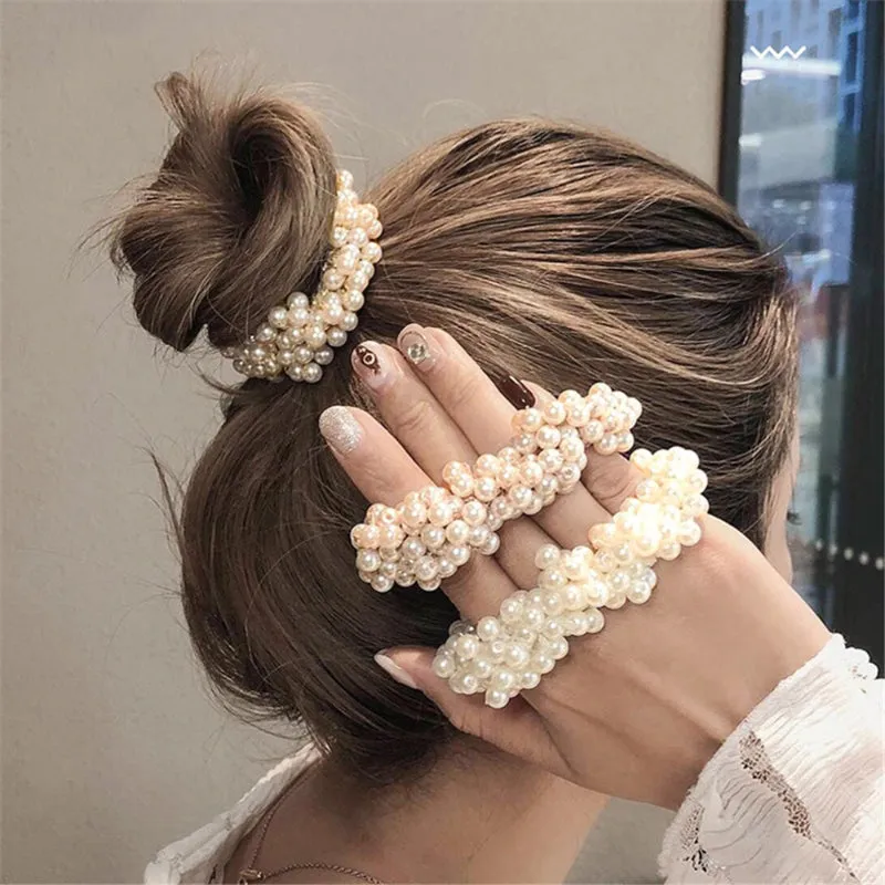 Lustrous Elastic Pearl Cluster Scrunchy Ponytail Hair Ties