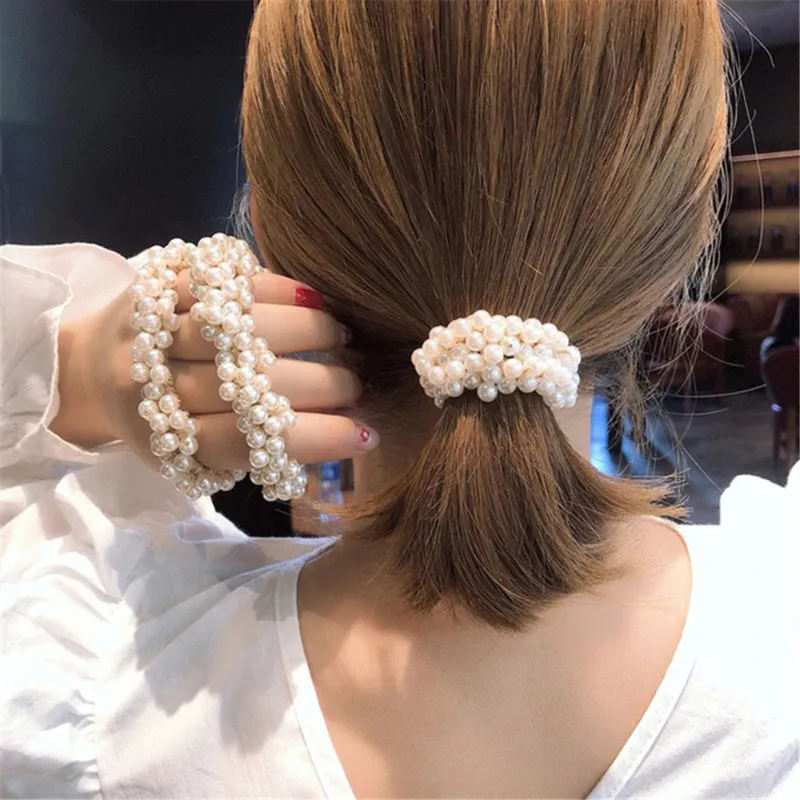 Lustrous Elastic Pearl Cluster Scrunchy Ponytail Hair Ties