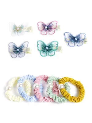 Melbees by Yellow Chimes Mother Baby Set 5 Pcs Pony Holder Rubber Band for Mother and 5 Pcs Colorful Butterfly Hair Clips for Baby Hair Accessories for Women Kids