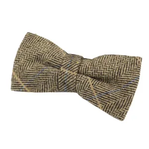 Mens Womens Boys Herringbone Tweed Bow Tie Check Tan Brown Grey Wool