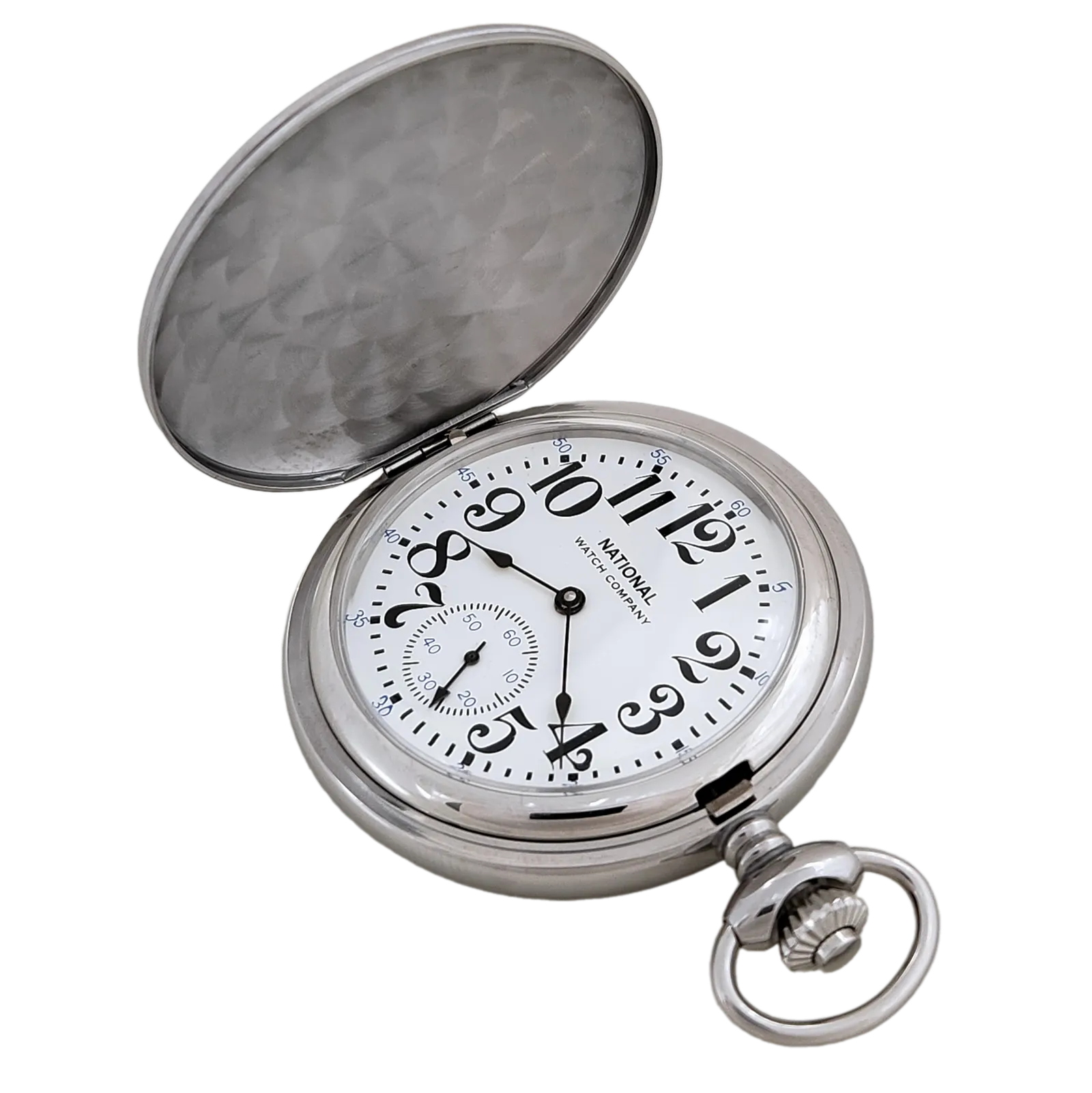 National Pocket Watch with Arabic Numerals, 17 Jewel Wind Up Mechanical Movement, Chrome Plated Steel Hunting Case