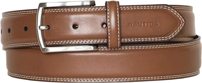 Nautica Men's Bold Fashion and Dress Double Stitch Leather Belt with Metal Buckle