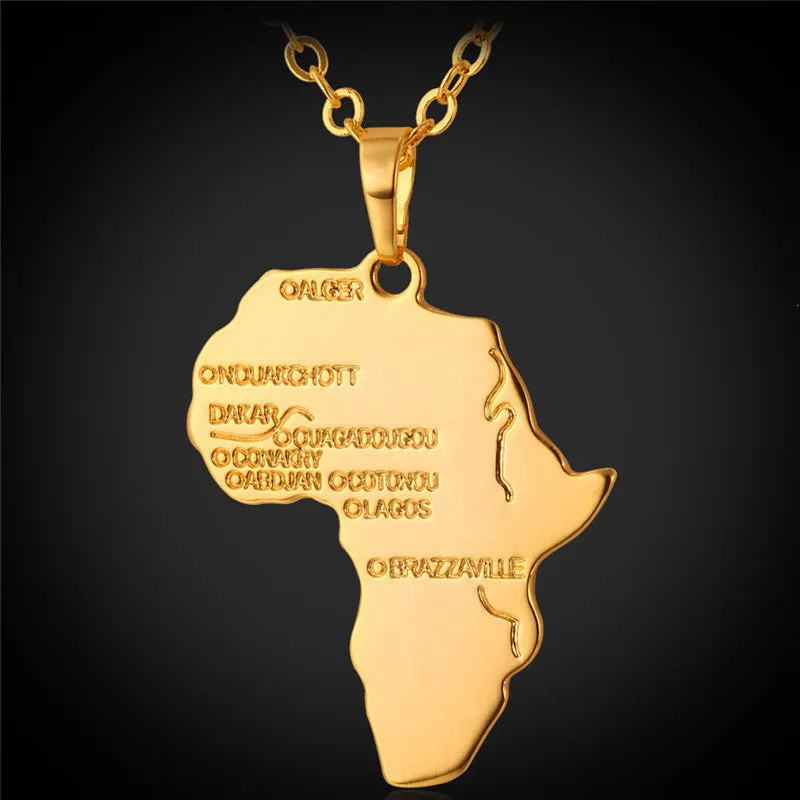 New African Necklace Yellow Gold/Platinum Plated Africa Map Pendant & Chain Men/Women Ethnic Jewelry Gift