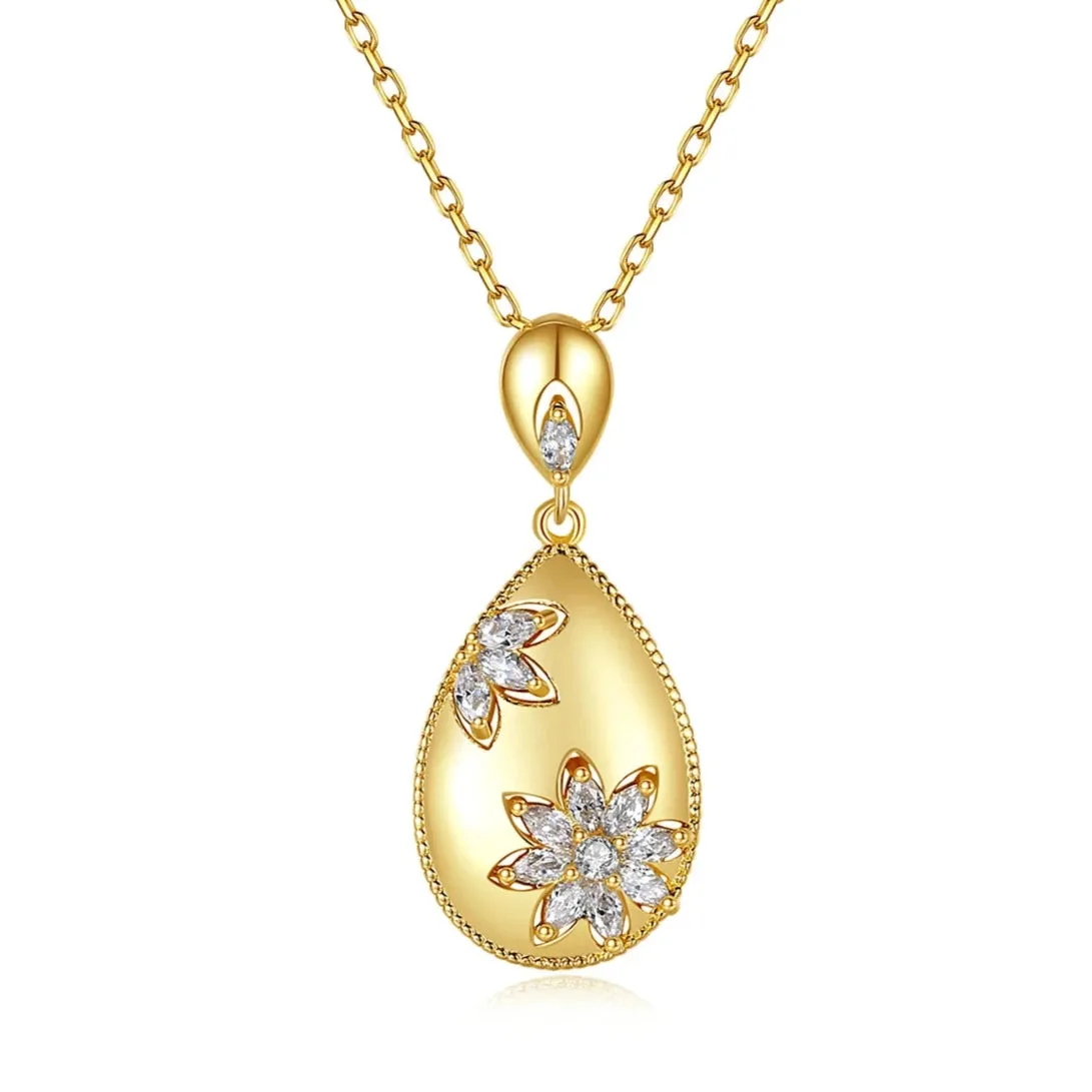 Oval Long Pendant Necklace Cubic Flowers Zirconia Chain