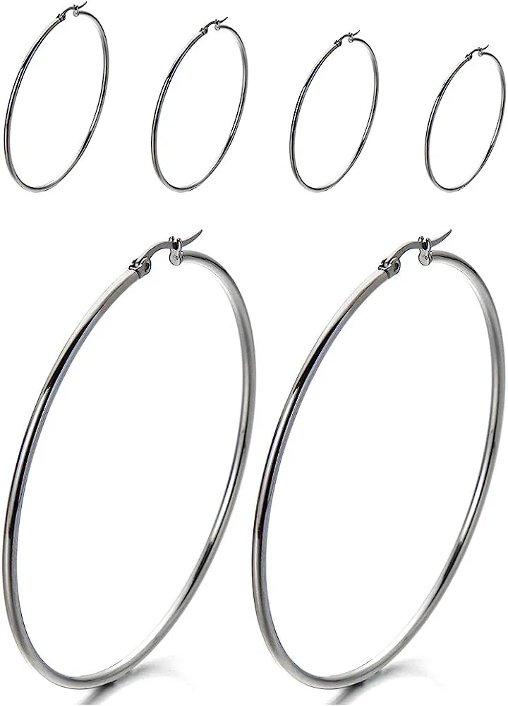 Pair Stainless Steel Large Plain Circle Huggie Hoop Earrings for Women