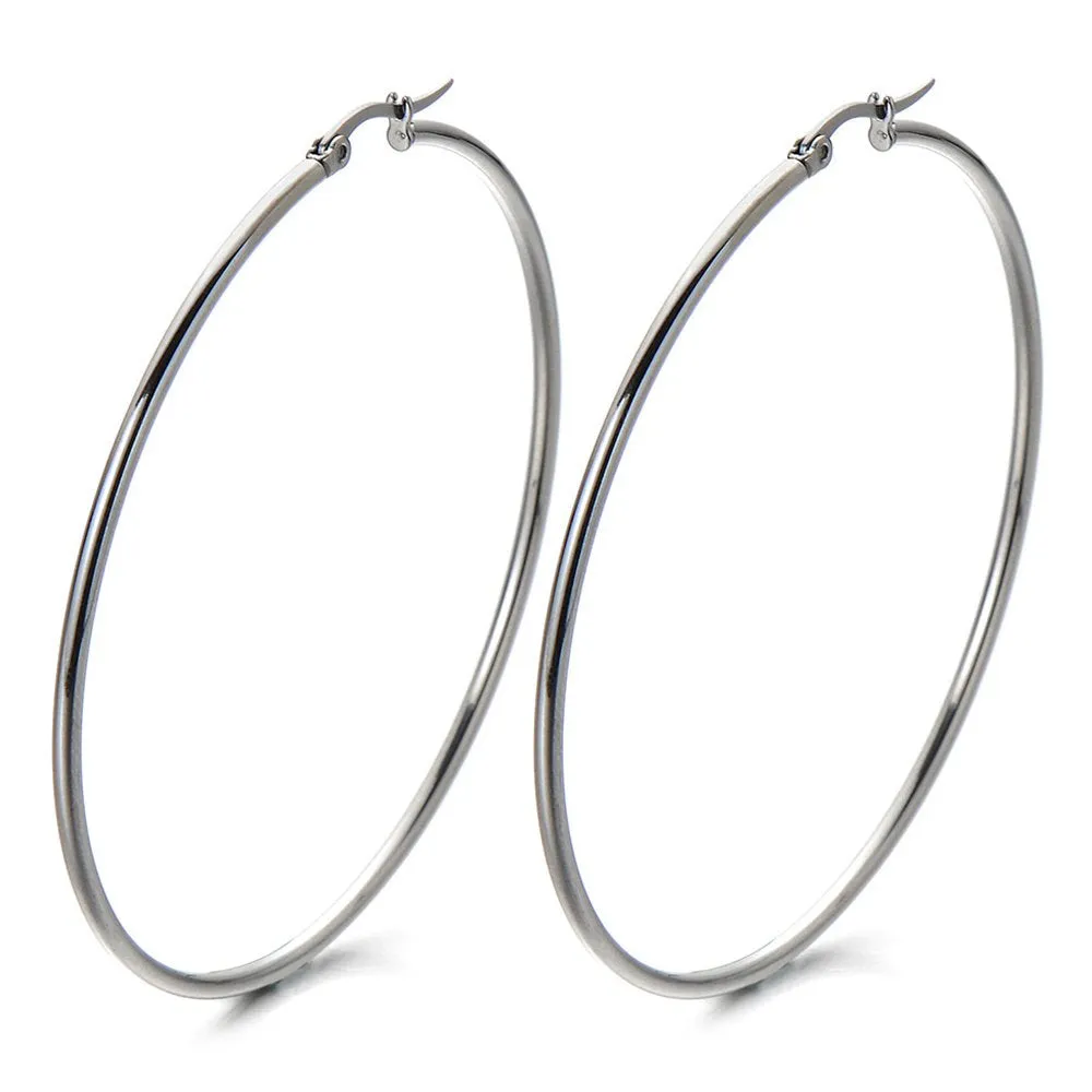 Pair Stainless Steel Large Plain Circle Huggie Hoop Earrings for Women