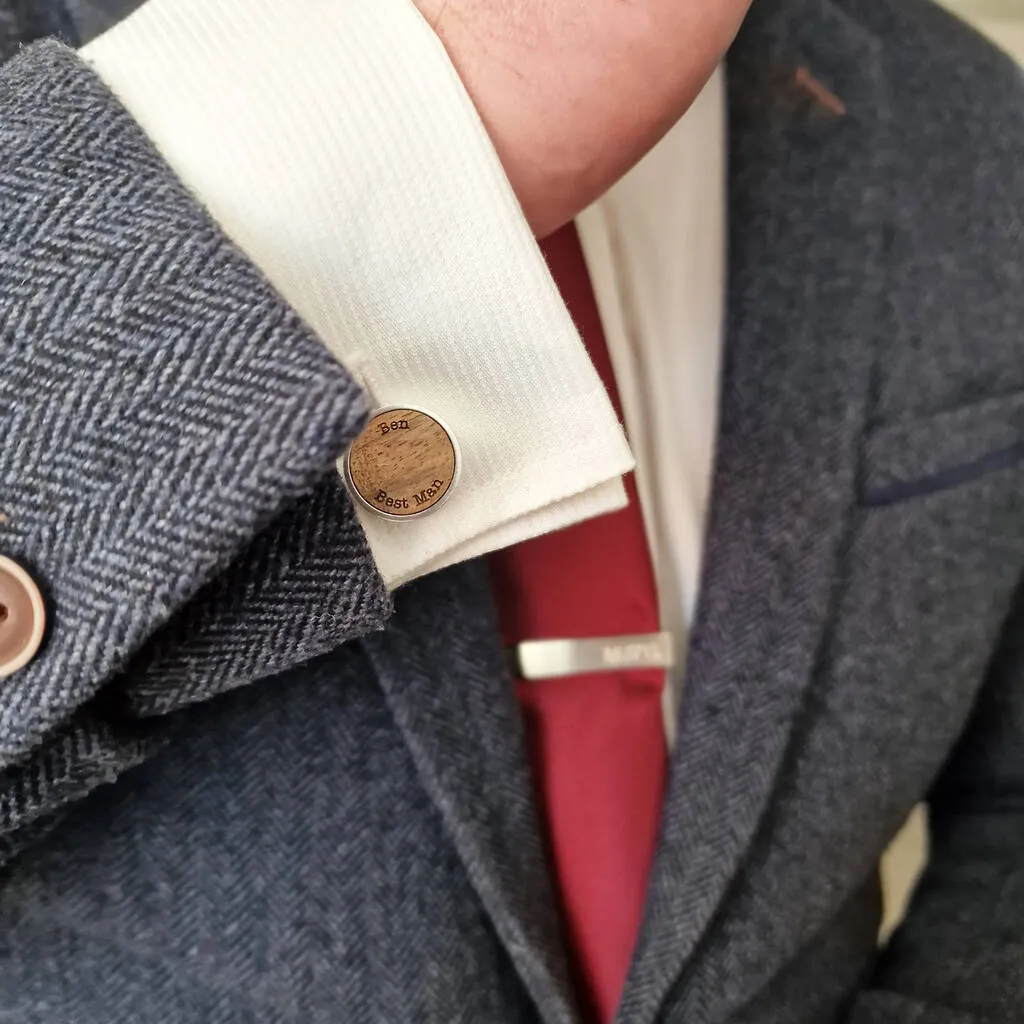 Personalised Walnut Wood Groom And Coordinate Cufflinks