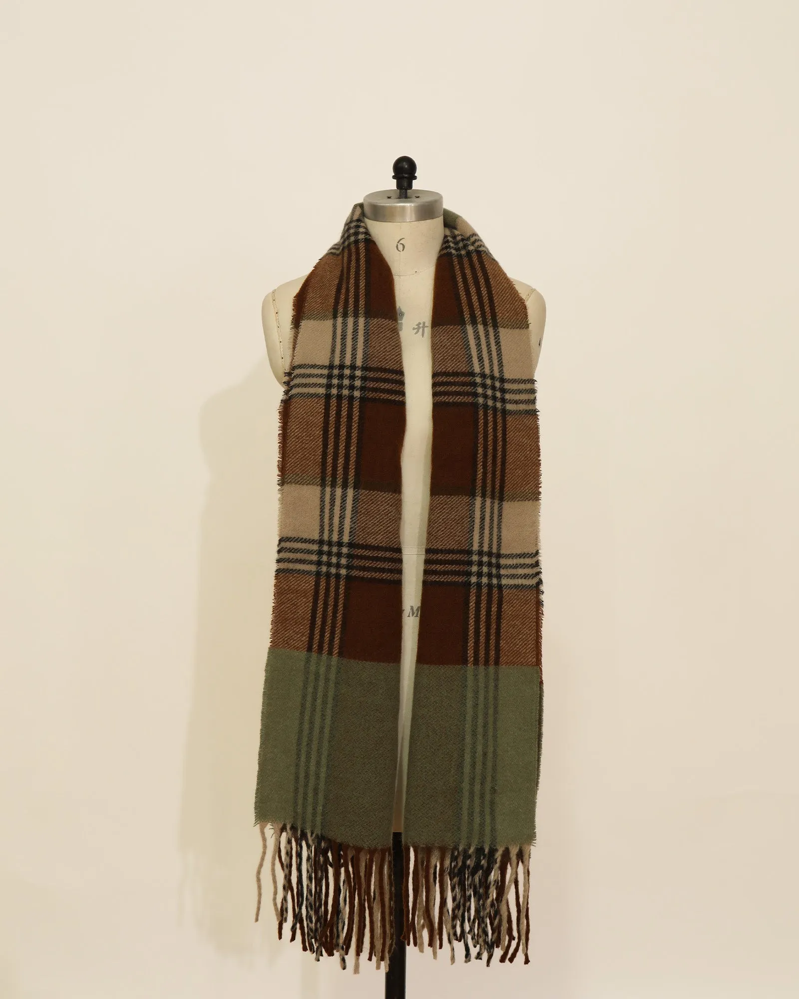 Plaid Scarf with Fringe - Brown