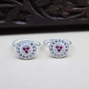 Real Solid 925 Silver Wheel Style Indian Women Pink White CZ Round Toe Ring Pair