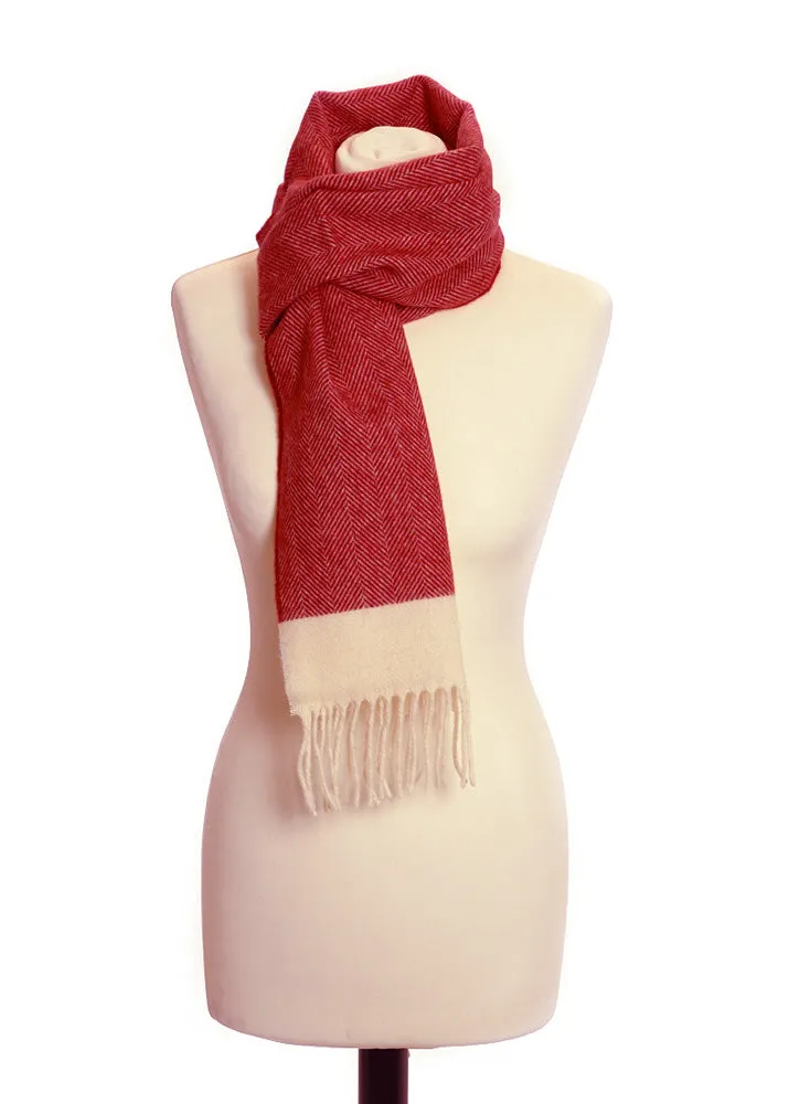 Red & White Herringbone lambswool Fringe Scarf