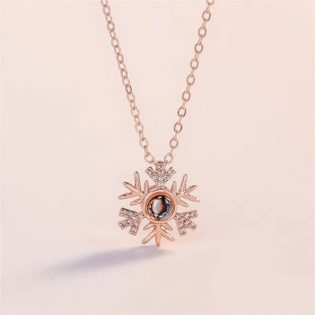 Relodi 100 Language I Love You Necklace Snowflake Shaped Zircon Pendant Necklaces for Lover Choker Valentines Day Gift SP2583