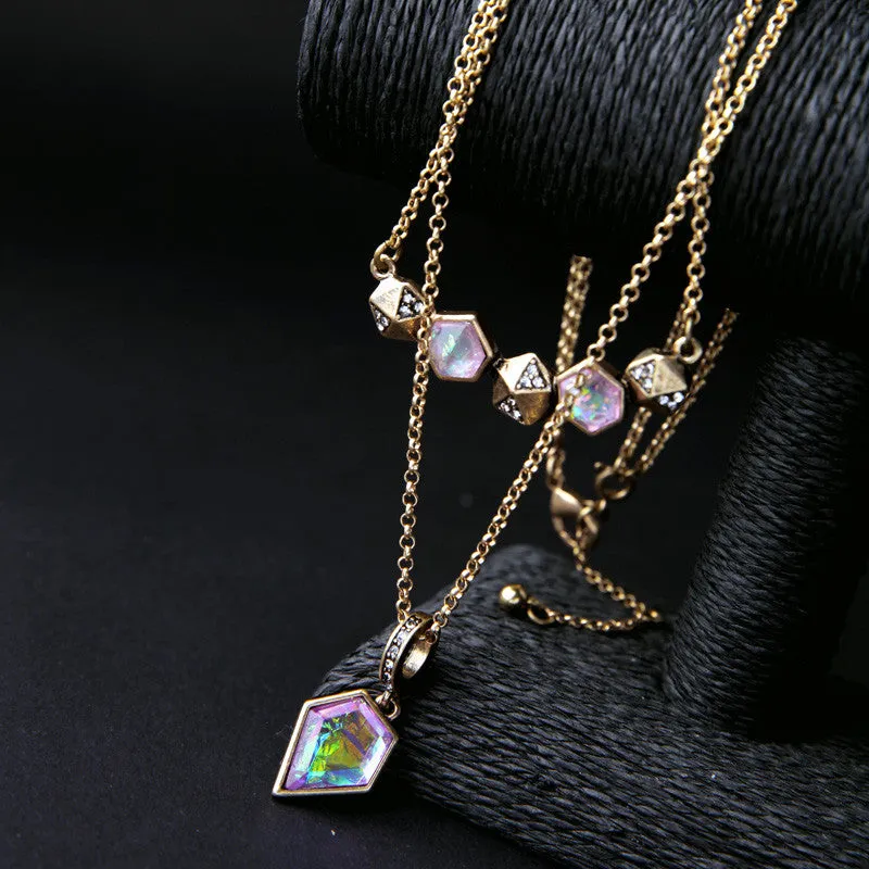 Retro Rhombus Multicolor Imitation Gems Concise Style Female Pendant Necklace