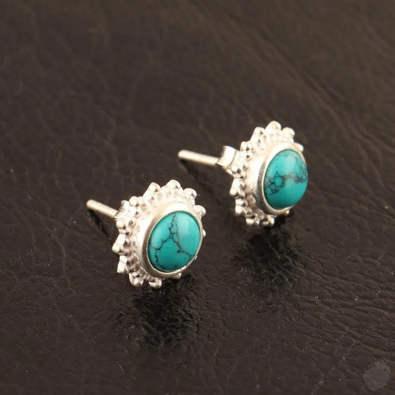 Round Turquoise and Moonstone Stud Earrings - Sterling Silver