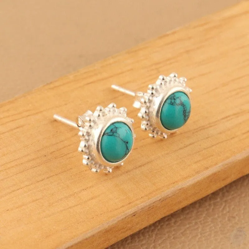 Round Turquoise and Moonstone Stud Earrings - Sterling Silver