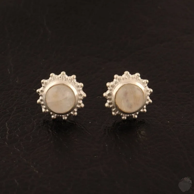 Round Turquoise and Moonstone Stud Earrings - Sterling Silver