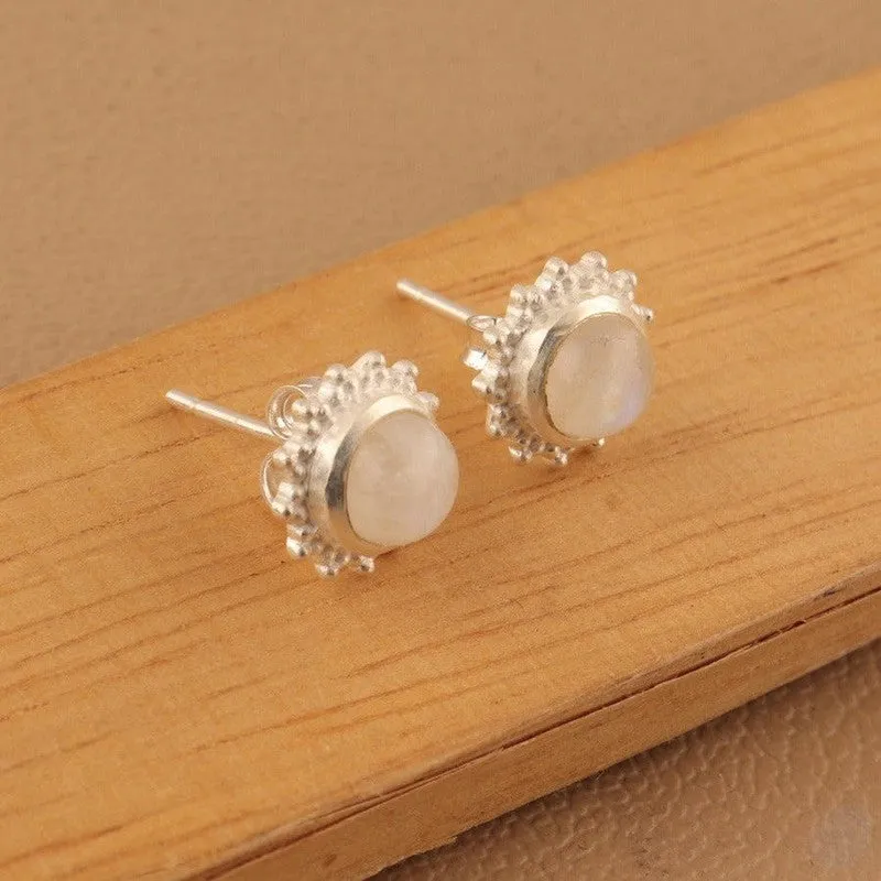 Round Turquoise and Moonstone Stud Earrings - Sterling Silver