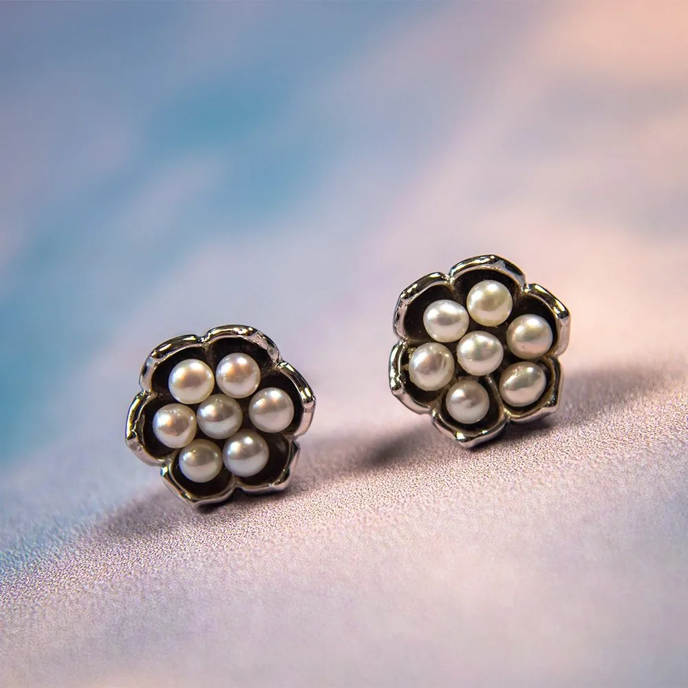 Royal Pearl Flower Stud Earrings in Sterling Silver