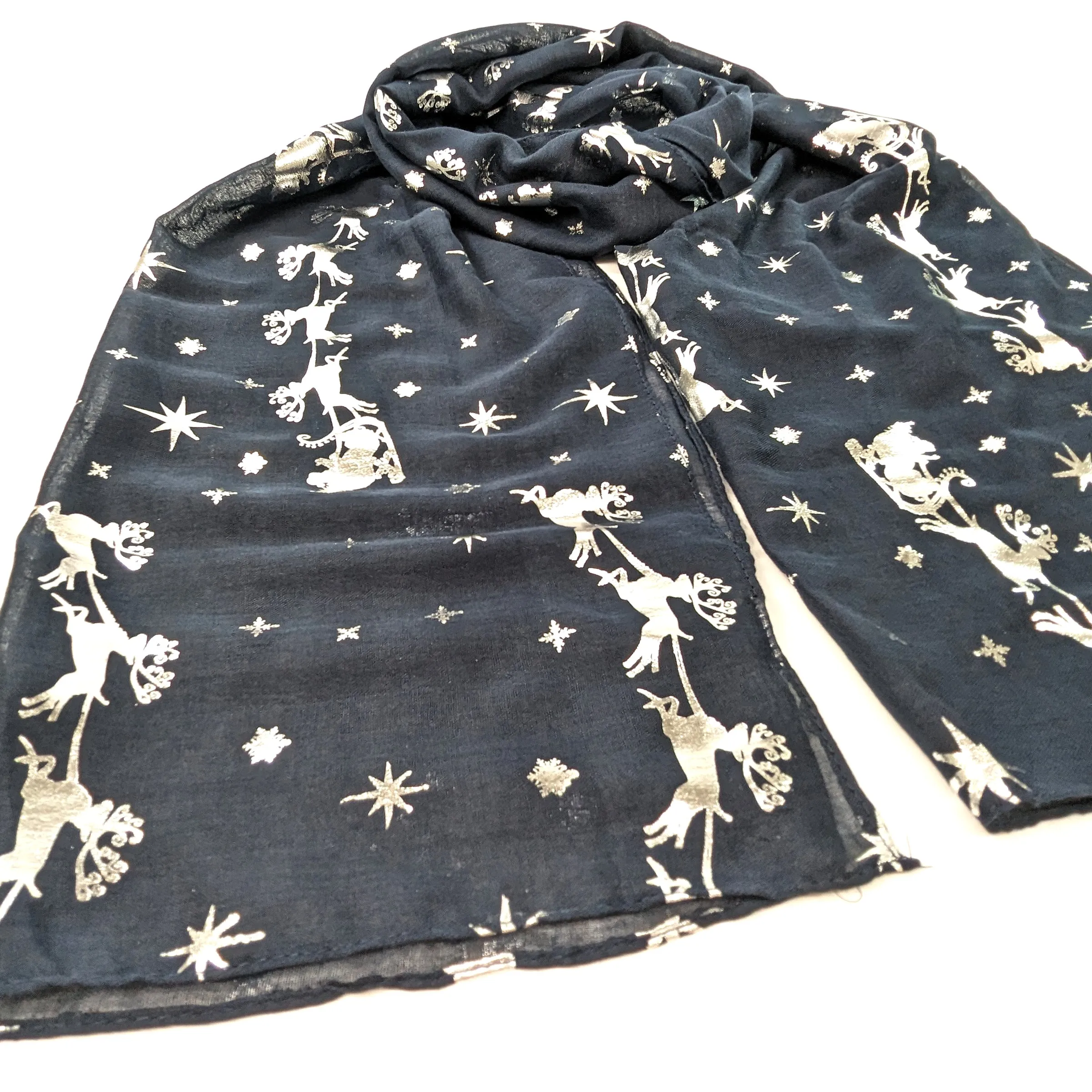 Santa and his Sleigh Scarf - Silver on Navy