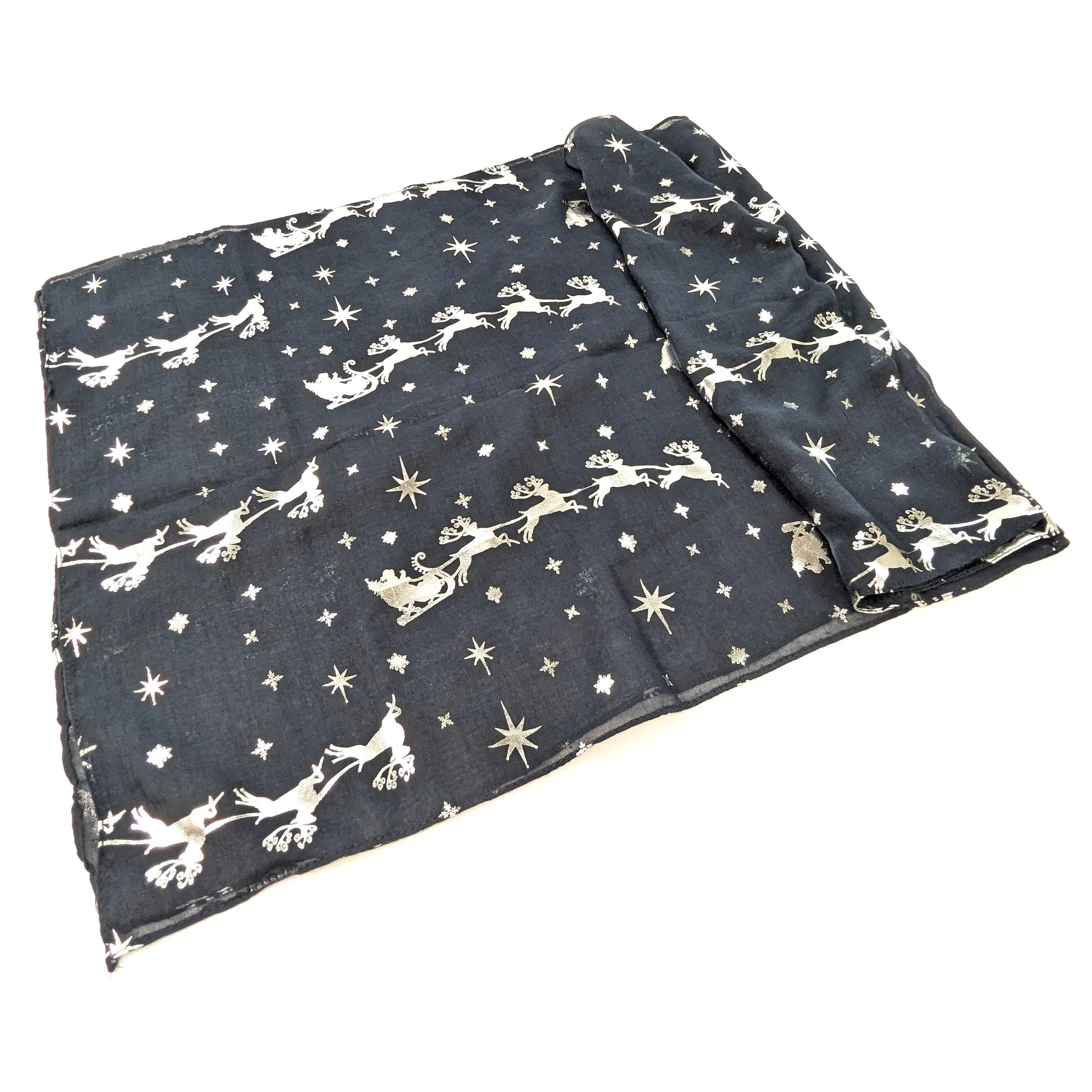 Santa and his Sleigh Scarf - Silver on Navy