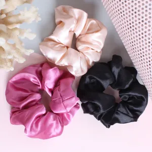 SET OF THREE COLORFUL SATIN SCRUNCHIE HAIR TIES