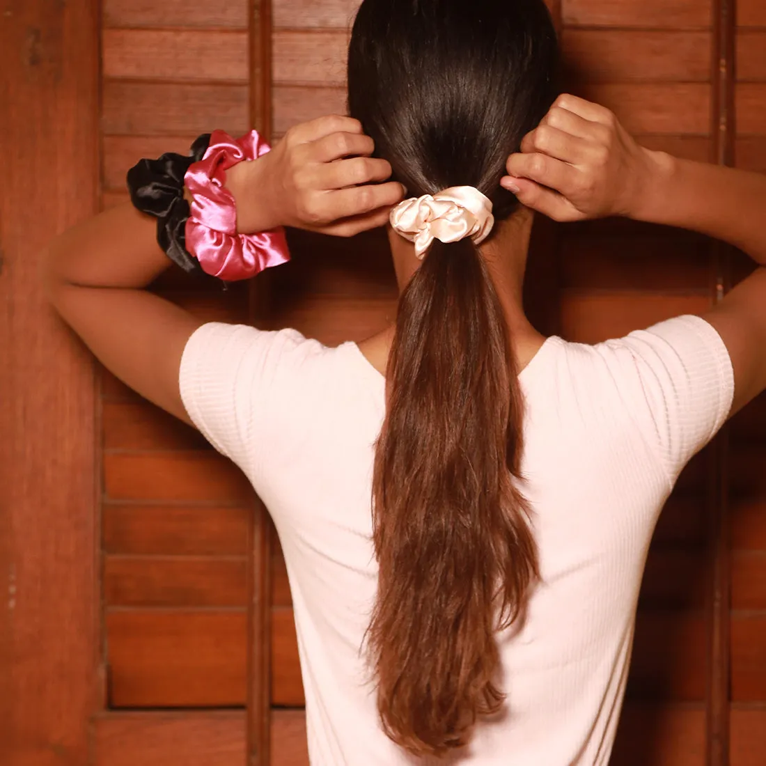 SET OF THREE COLORFUL SATIN SCRUNCHIE HAIR TIES