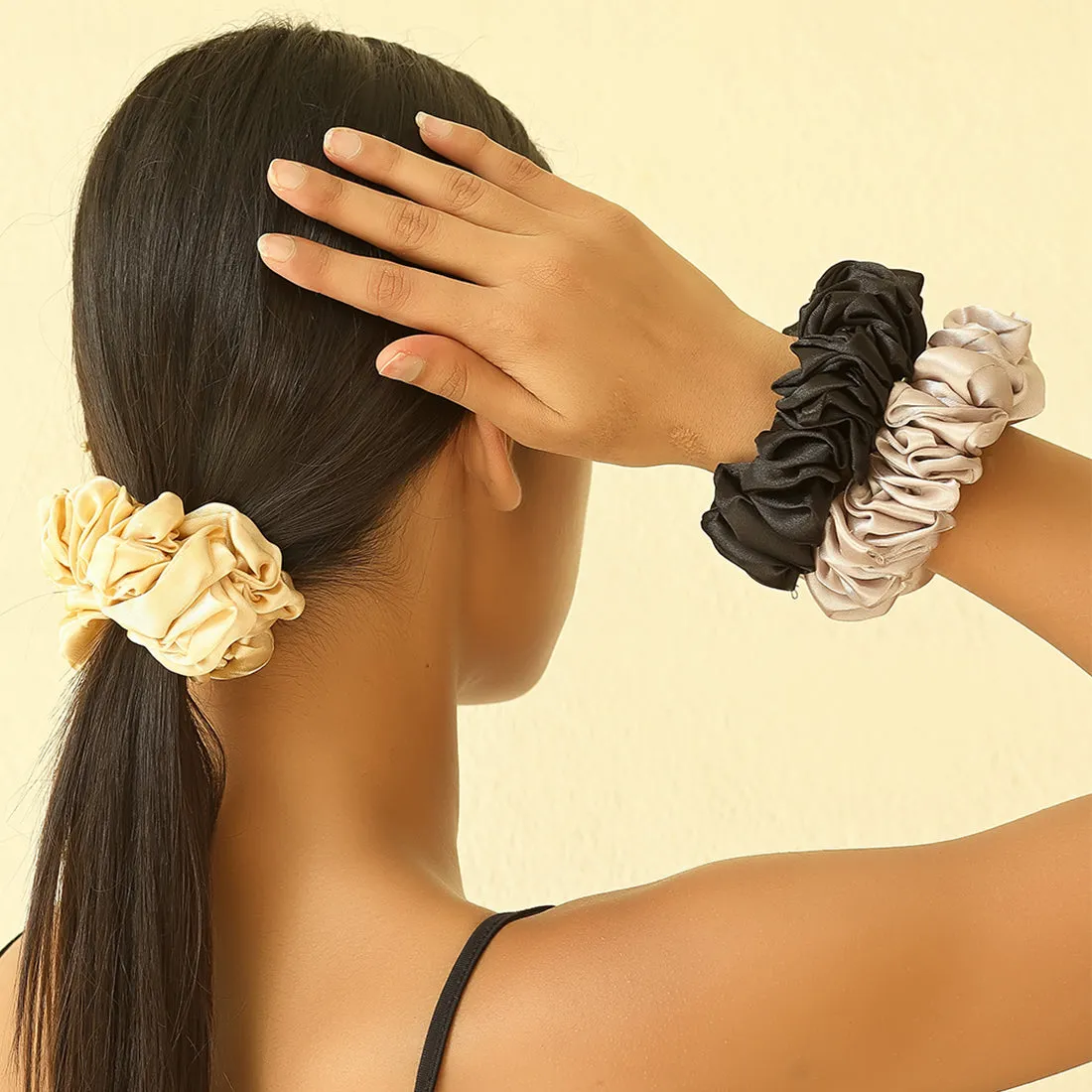 Set Of Three Stylish Colorful Satin Scrunchies Hair Ties