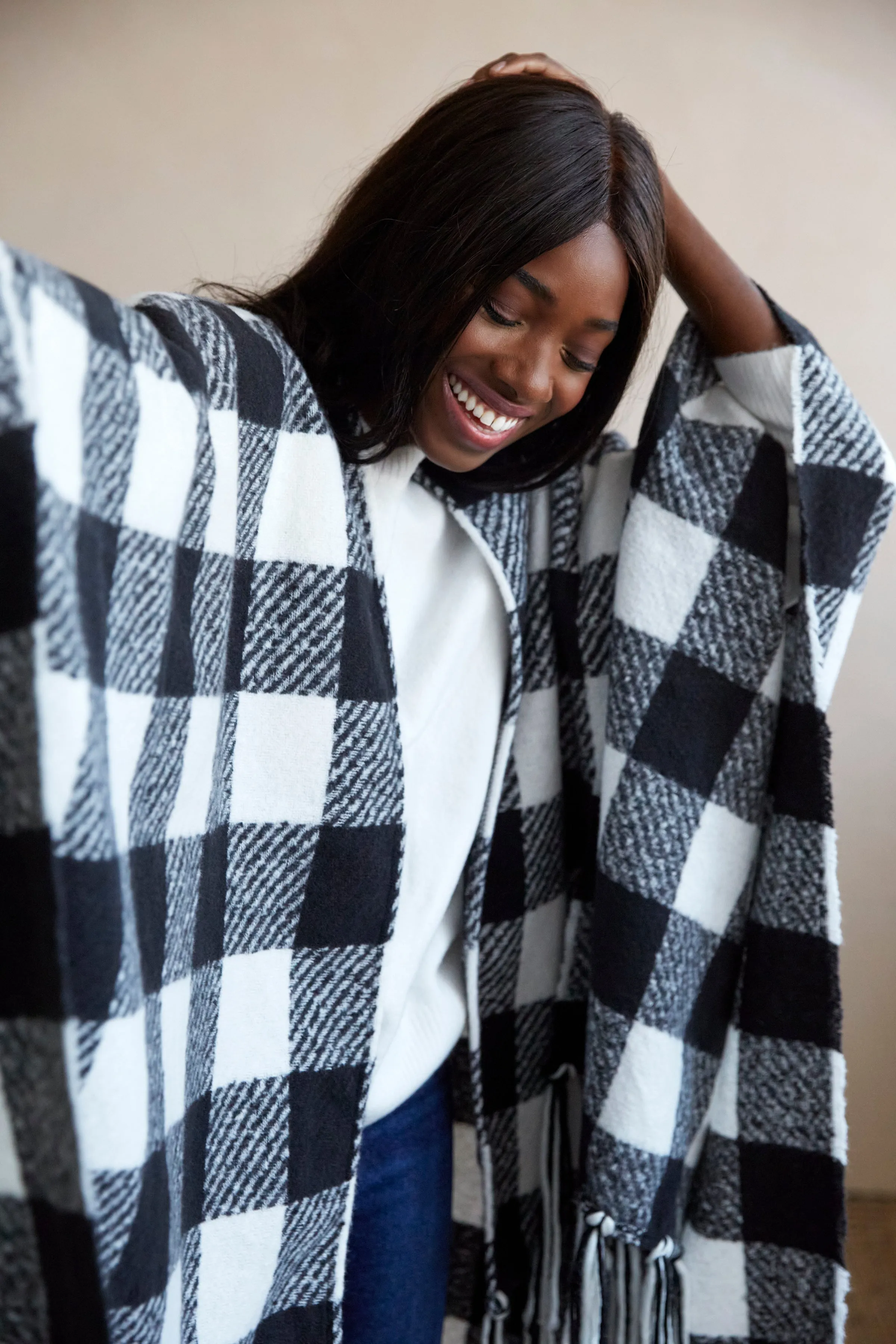 Shiraleah Beltran Plaid Cape, Black and White - FINAL SALE ONLY