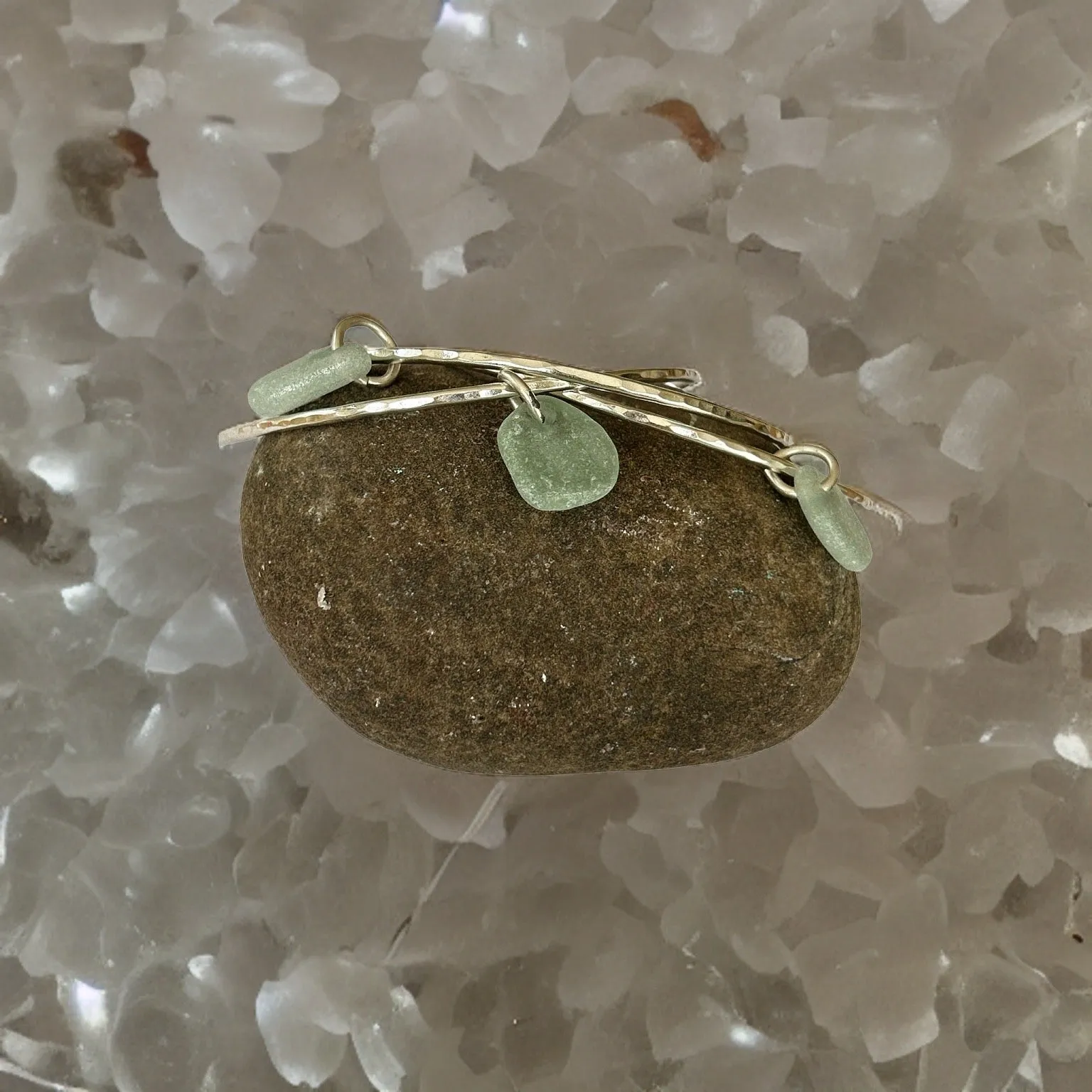 Silver Trio Interlinked Bangle With Sea Glass Charms