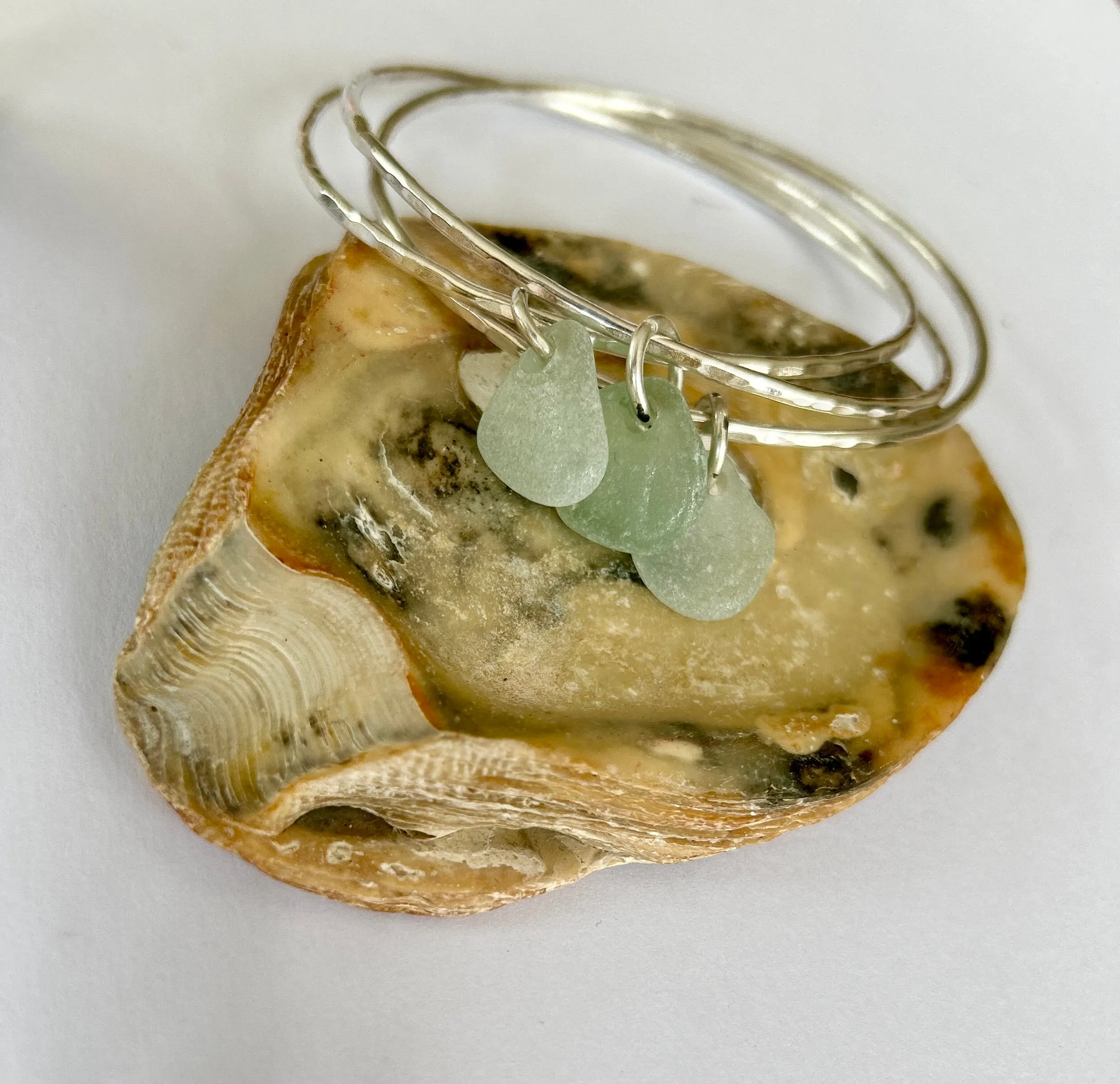 Silver Trio Interlinked Bangle With Sea Glass Charms