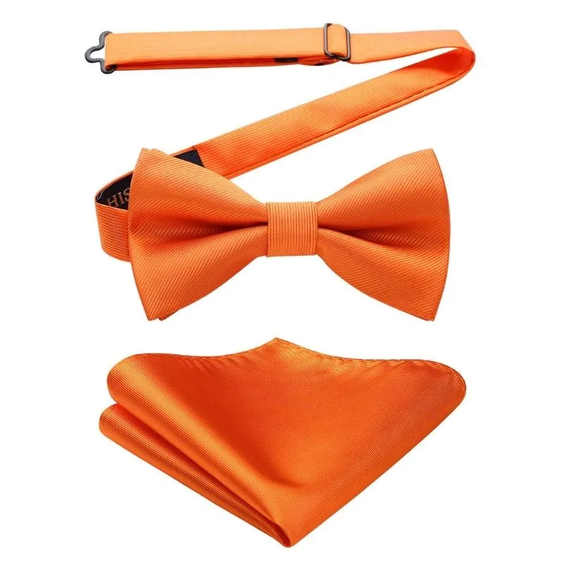 Solid Pre-Tied Bow Tie & Pocket Square - N-BRIGHT ORANGE