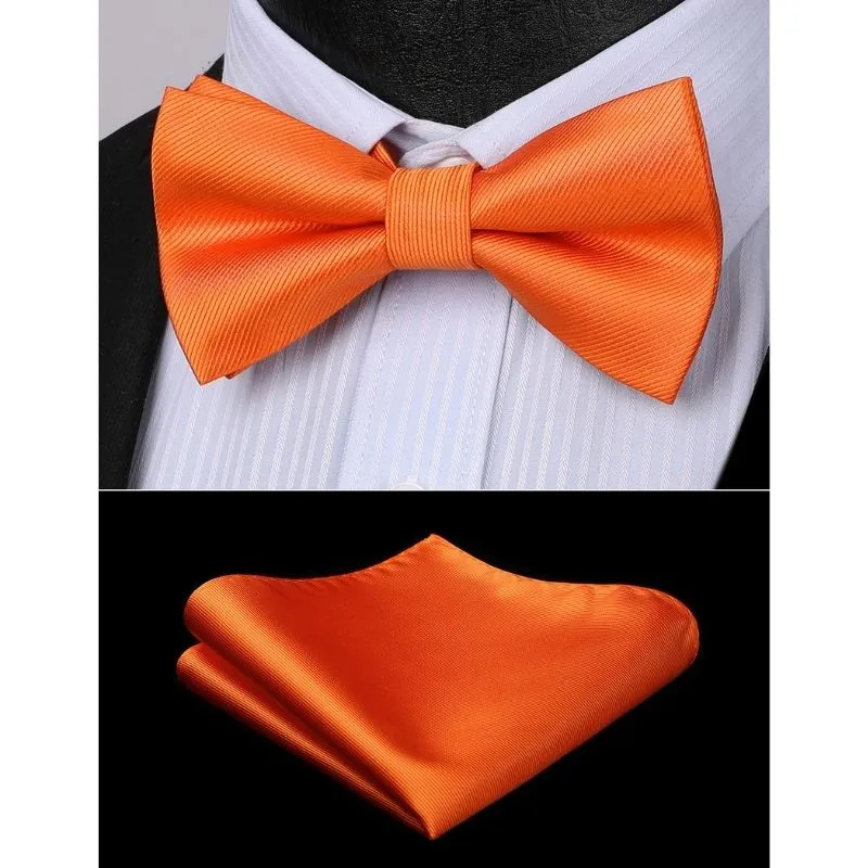 Solid Pre-Tied Bow Tie & Pocket Square - N-BRIGHT ORANGE