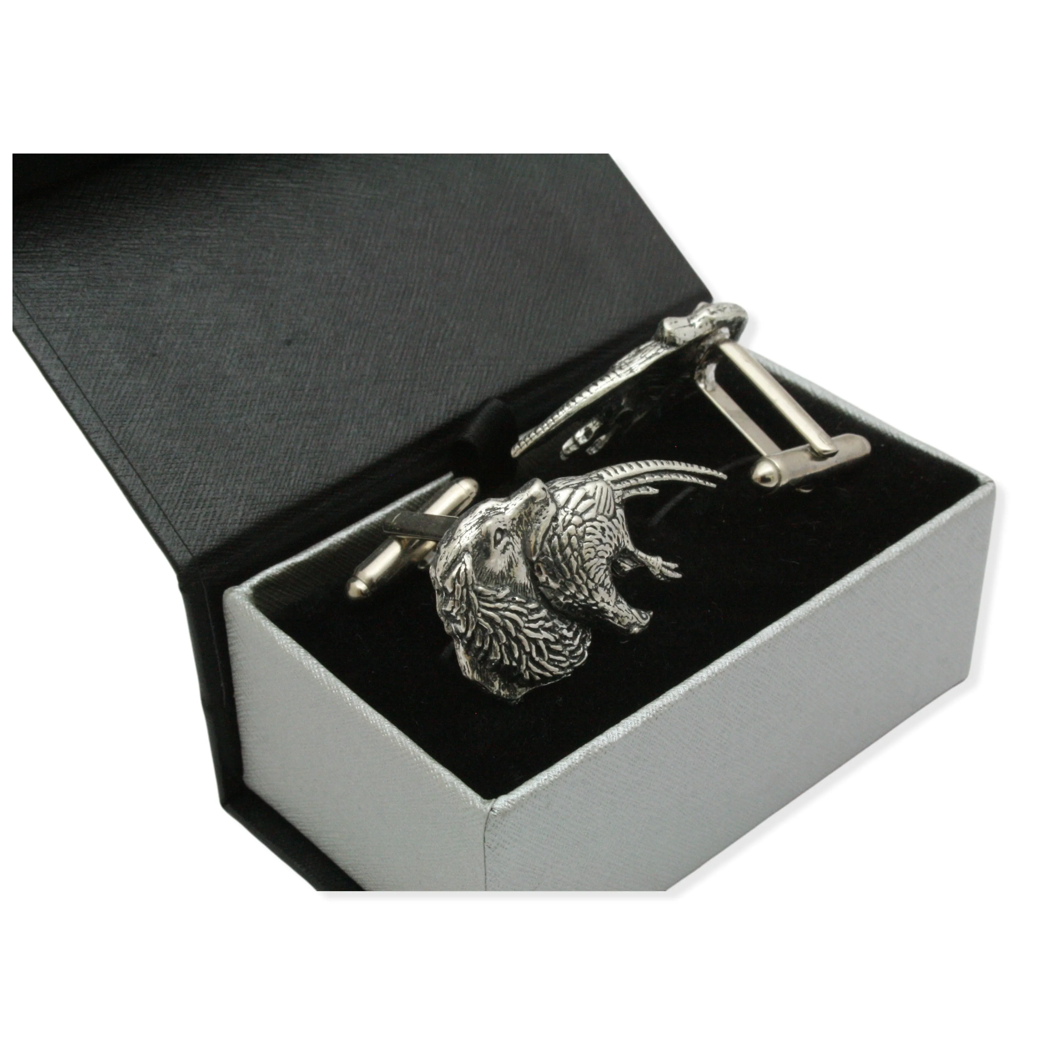 Spaniel and Pheasant Pewter Cufflinks Set In Box