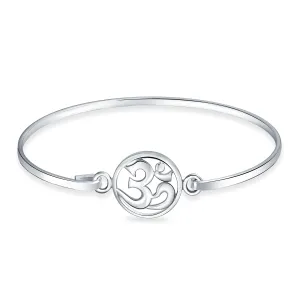 Sterling Silver Aum Om Charm Yoga Spiritual Bangle Bracelet for Harmony