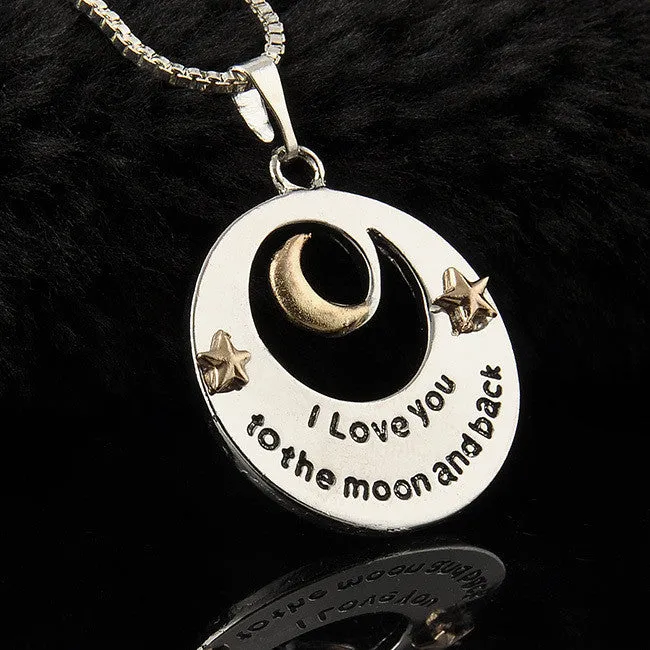 Trendy Alloy Moon and Star Pendant Necklace Mother's Day Gifts "I love you to the Moon and back" Letters Chain Necklaces