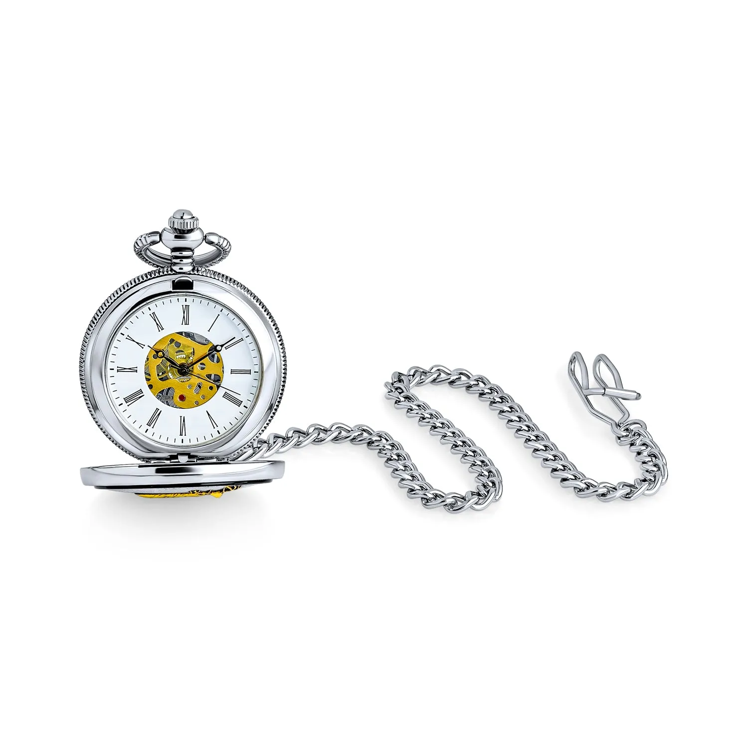 Two Tone Vintage Style Pocket Watch for Men with Deer Hunter Design and Long Chain