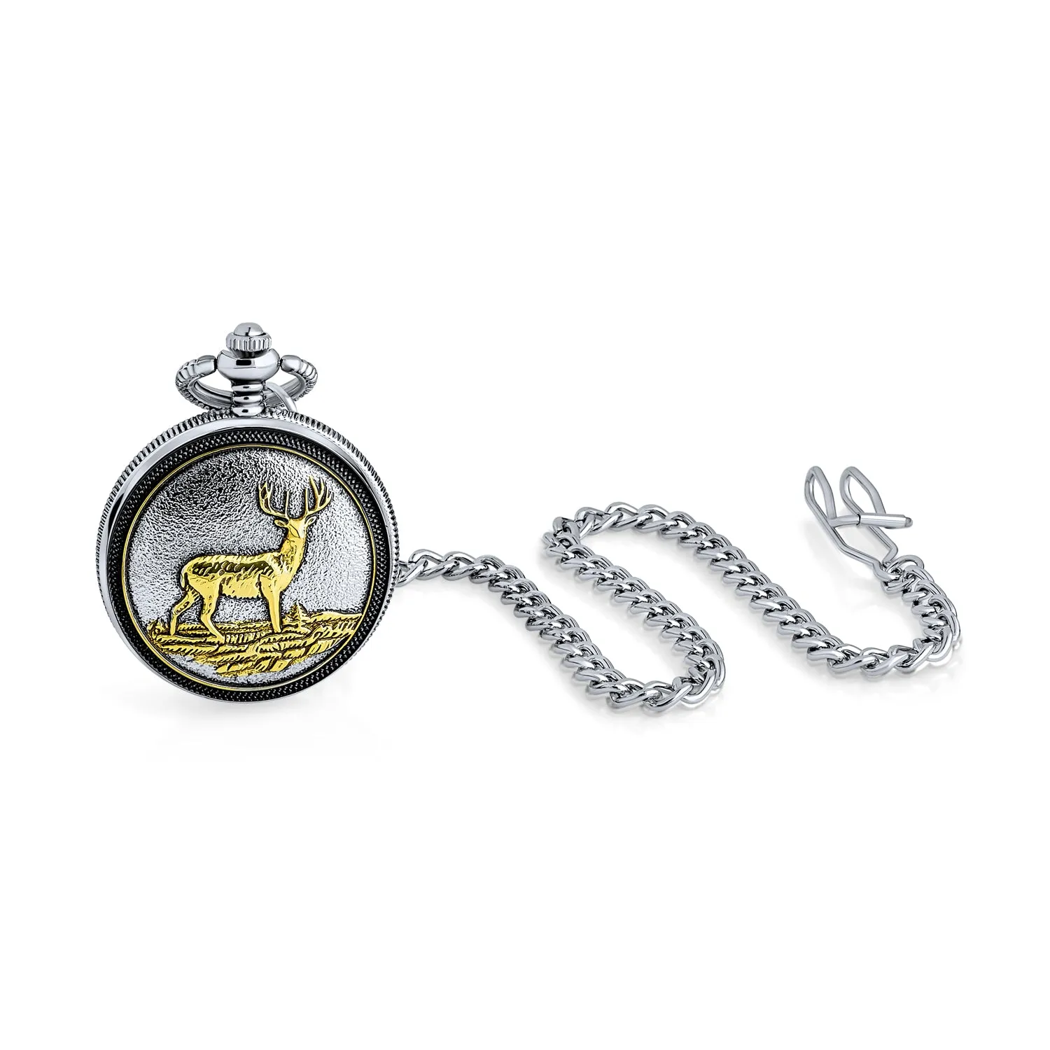 Two Tone Vintage Style Pocket Watch for Men with Deer Hunter Design and Long Chain