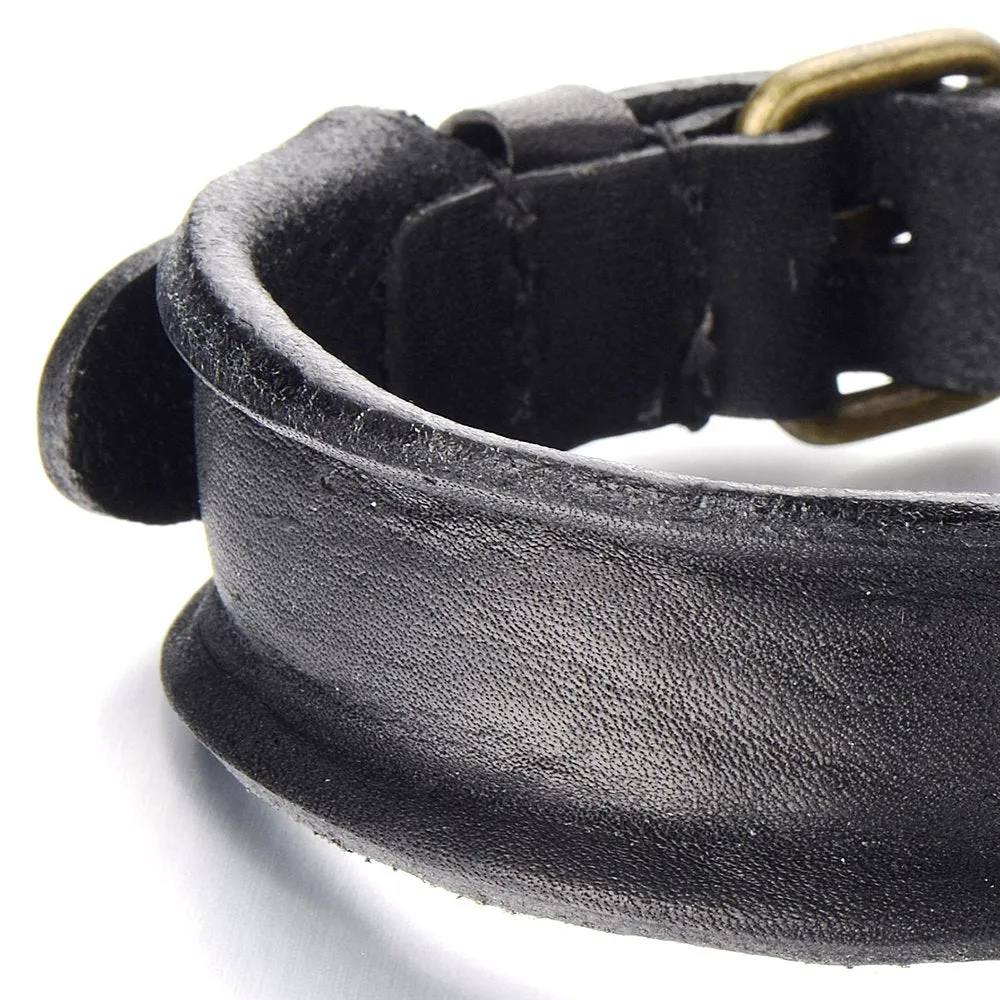 Unique Leather Bracelet for Mens Genuine Black Leather Bangle with Buckle Clasp