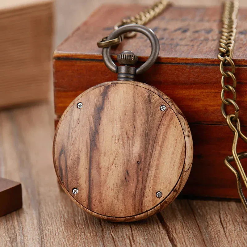 Unisex Retro Colorful Wooden Open Face Quartz Analog Pocket Watch