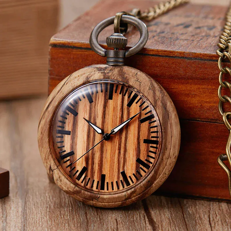 Unisex Retro Colorful Wooden Open Face Quartz Analog Pocket Watch