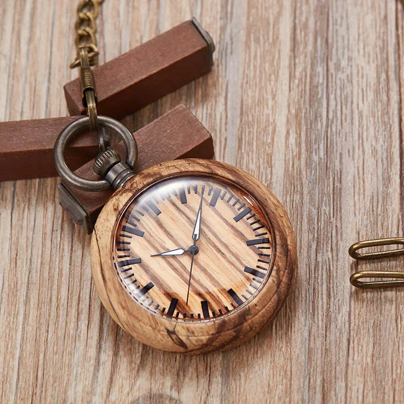 Unisex Retro Colorful Wooden Open Face Quartz Analog Pocket Watch