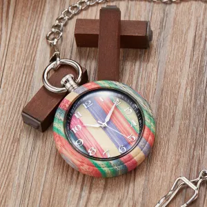 Unisex Retro Colorful Wooden Open Face Quartz Analog Pocket Watch