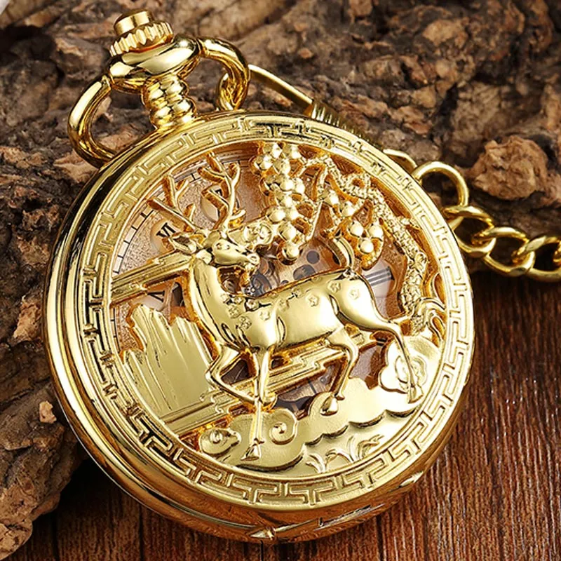 Unisex Vintage Double Side Steampunk Hollow Deer Pattern Fob Pocket Watch