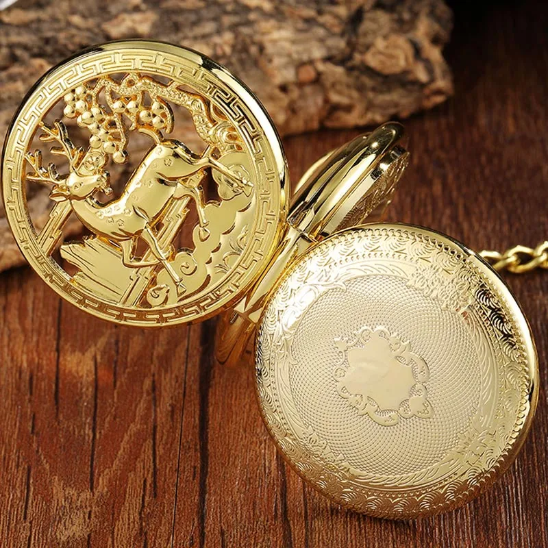 Unisex Vintage Double Side Steampunk Hollow Deer Pattern Fob Pocket Watch