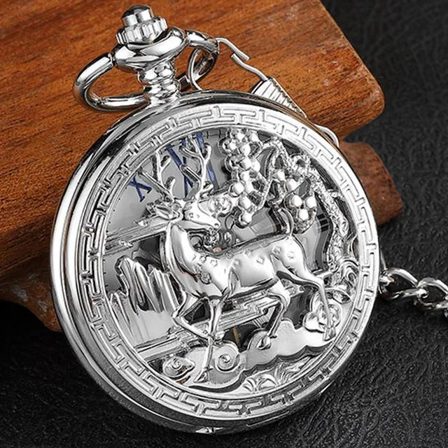 Unisex Vintage Double Side Steampunk Hollow Deer Pattern Fob Pocket Watch