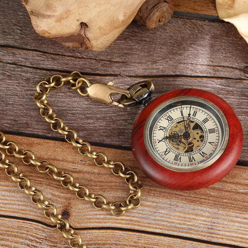 Unisex Vintage Roman Numerals Wood Case Mechanical Pocket Fob Chain Watch