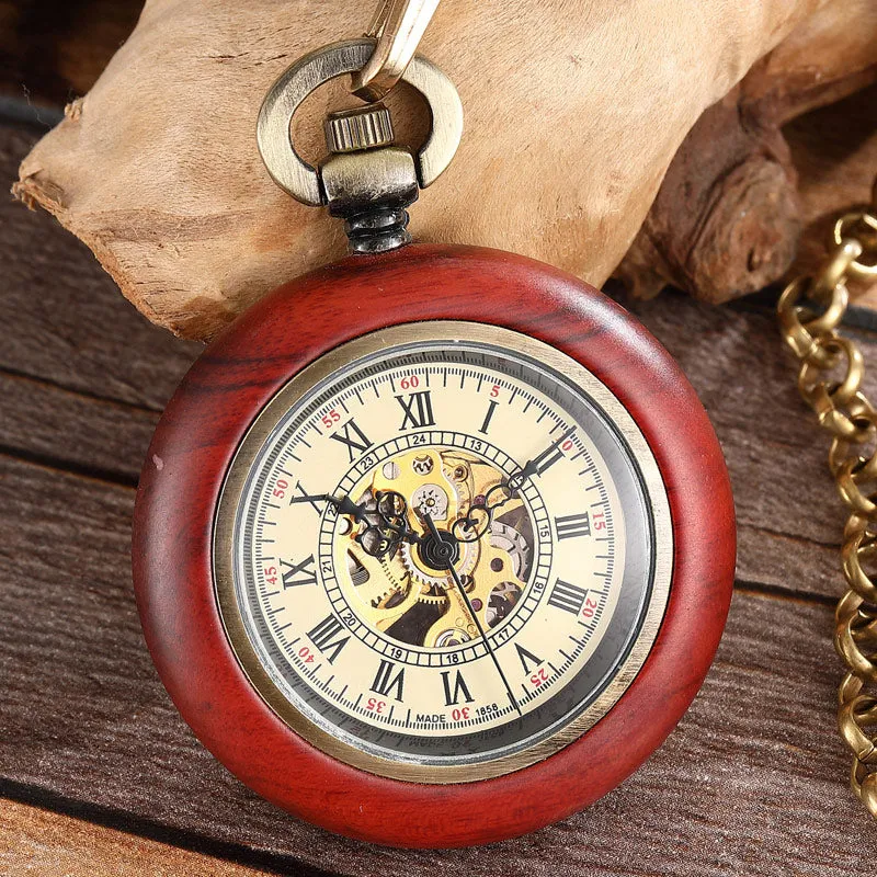 Unisex Vintage Roman Numerals Wood Case Mechanical Pocket Fob Chain Watch